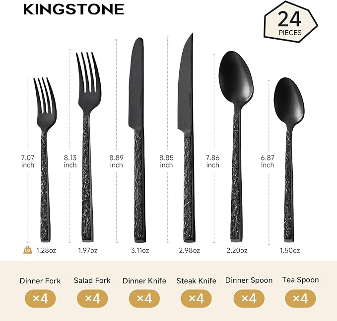 KINGSTONE 24 Pcs Black Hammered Silverware Set with Steak Knives for 4 18/10 Stainless Steel Heavy Duty Flatware Set Tableware Cutlery Utensil Sets for Home Restaurant Dishwasher Safe