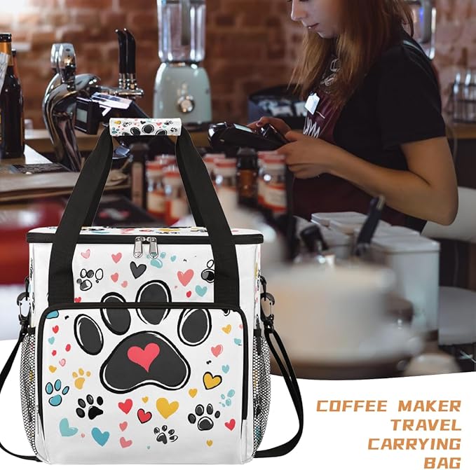 Cartoon Animal Footprints Love Heart Coffee Maker Carring Bag Travel Carrying Storage Tote Bag Compatible with Keurig K-Mini or K-Mini Plus Portable Single Serve Coffee Brewer Case with Pockets