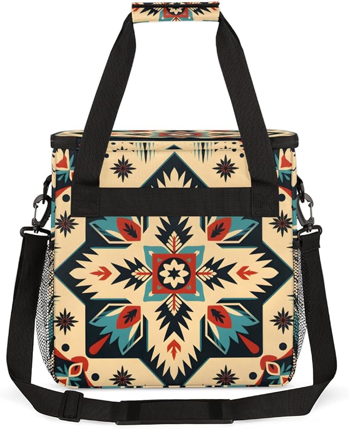 Retro Aztec Coffee Maker Carrying Bag Geometry Flower Travel Storage Bag Compatible with K-Mini or K-Mini Plus Single Serve Coffee Brewer Carrying Case with Multiple Pockets &amp Shoulder Strap