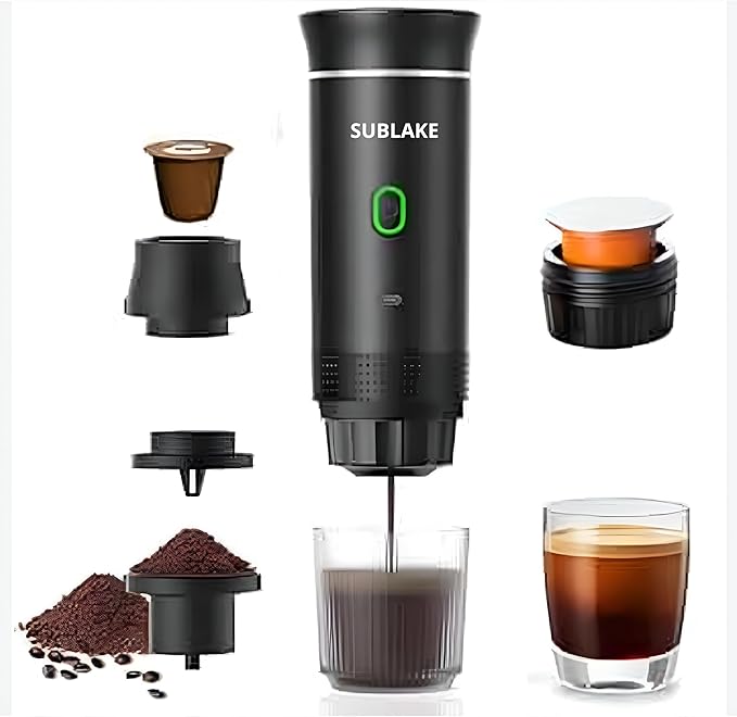 Portable Espresso Maker – Self-Heating USB-C Rechargeable Travel Coffee Maker for Car Camping Office Hiking portable coffee maker With Ground Coffee &amp NS Capsule (Black)
