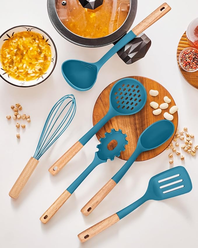 Kitchen Utensils Set 13PCS Silicone Cooking Utensils Heat Resistant Kitchen Utensil Spatula Set for Nonstick Cookware Wooden Handles Kitchen Gadgets Tools Set (BLUE)