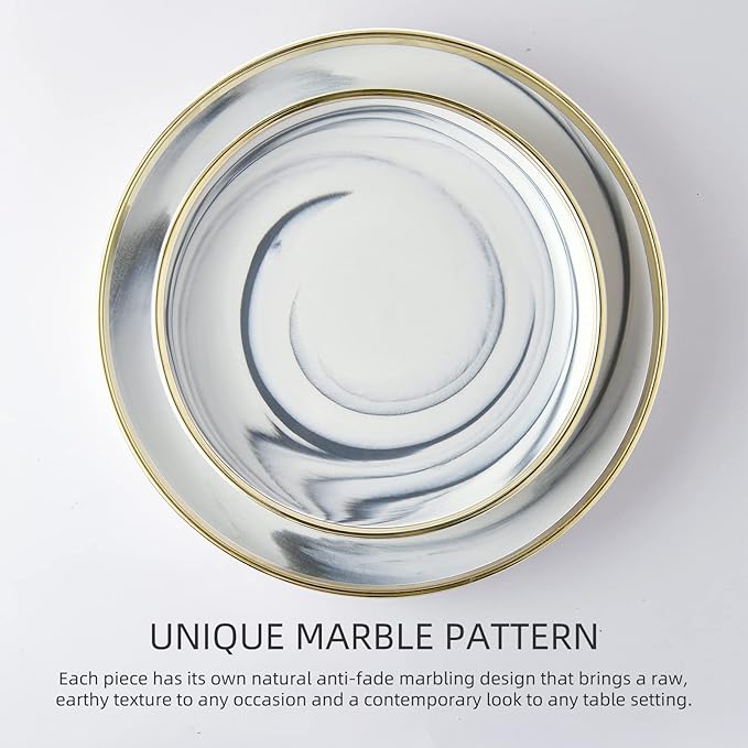 Marble Gold Rim Dinnerware Sets Porcelain Plates and Bowls Sets Modern Luxury Dish Set for 4 White Grey China Dinner Set for Special Occasions Hand Wash Quickly