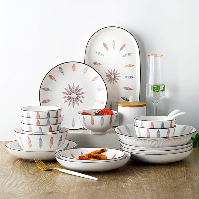 Ceramics Dinnerware Set Vertical Lines Cereal Bowl and Steak Plate | 46 Pieces Japanese Style Hand-Painted Porcelain Dinner Sets for Restaurant