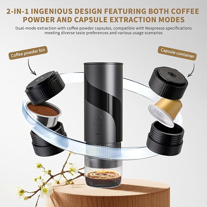 Portable Coffee MachineRechargeable Cafetière Portable de Voyage with USB-C 20bar Electric Coffee Maker for Camping &amp Travel 3-in-1 Car Coffee Maker Compatible with Coffee Grounds&ampCapsule