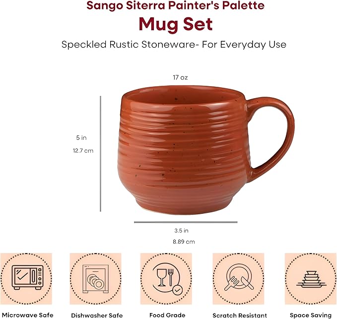 Sango 17.5 oz Stoneware Coffee Mugs Set of 4 Rustic Ceramic Mug with Speckled Reactive Glaze Large Pottery Drinkware for Coffee or Tea Dishwasher &amp Microwave Safe Mugs Siterra Painter’s Palett