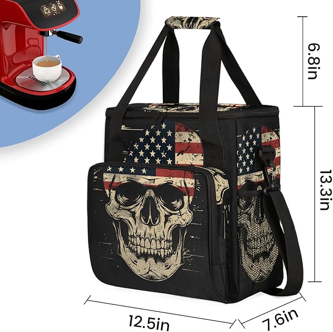 American Flag Skull Travel Coffee Maker Carrying Bag Large Organizer Storage Tote Bag Insulated Reusable Cooler Grocery Bags