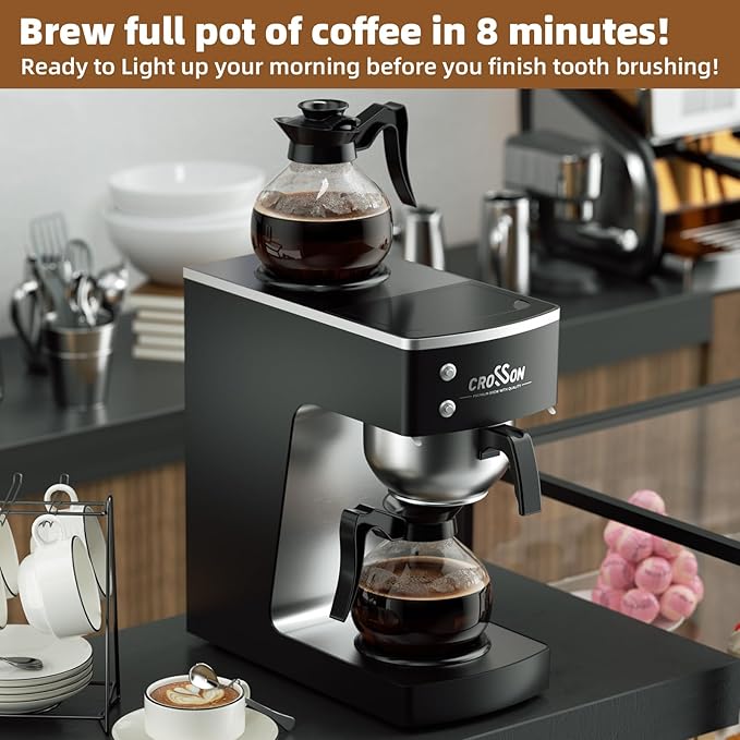 crosson 12 Cup Commercial Drip Coffee Brewer with Upper and Lower Warmer &amp 2 Glass DecanterPour Over Coffee Maker with Easy Clean Fingerprint Free Housing and 304 Stainless Steel Funnel