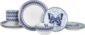 Dolly Parton 12 Piece Jeweled Mosaic Blue Butterfly Dinnerware Set Porcelain Dinner Plates Salad Plates Bowls Service for 4 Microwave Dishwasher Safe
