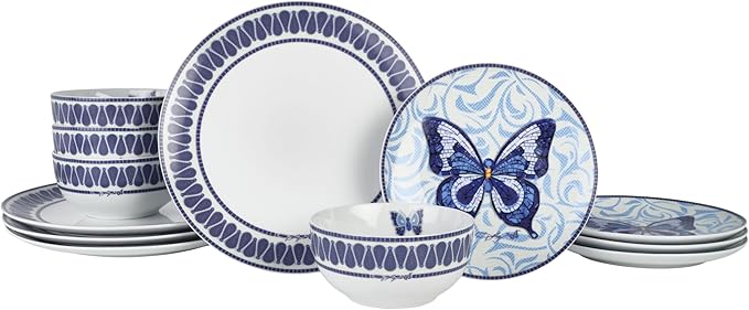 Dolly Parton 12 Piece Jeweled Mosaic Blue Butterfly Dinnerware Set Porcelain Dinner Plates Salad Plates Bowls Service for 4 Microwave Dishwasher Safe