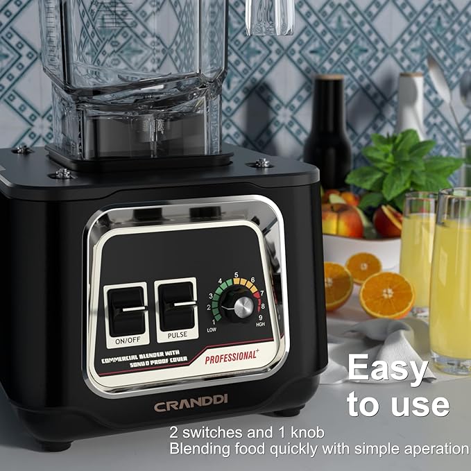 CRANDDI Commercial Blender 2200W Countertop Blenders with Removable Shield Quiet Smoothie Blender for Shakes and Ice Crushing 52oz 38000 RPM Professional Blenders for Kitchen K80 (Black)
