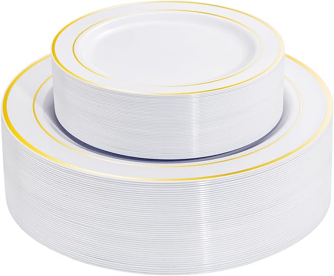 I00000 60 Pieces Gold Plastic Plates Heavy Duty White and Gold Plastic Plates for 30 Guests Include: 30 Gold Rim Dinner Plates and 30 Gold Dessert Plates Perfect for Wedding &amp Party