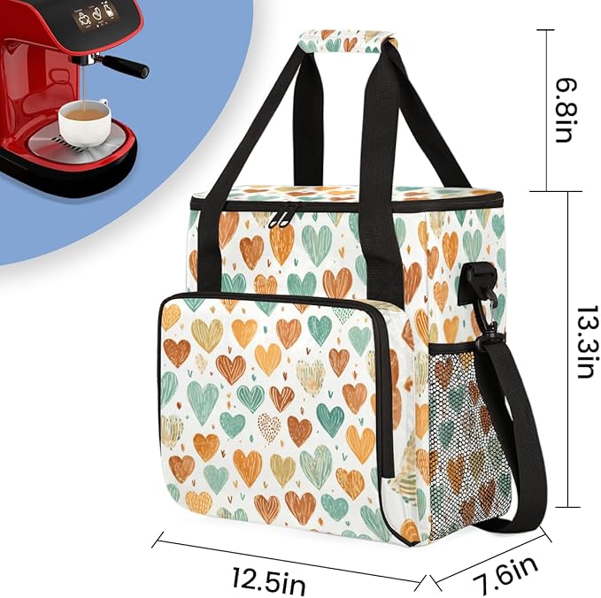 Retro heart Coffee Maker Carrying Bag Portable Travel Storage Tote Bag Compatible with K-Mini or K-Mini Plus Single Serve Coffee Brewer Carrying Case with Multiple Pockets &amp Shoulder Strap