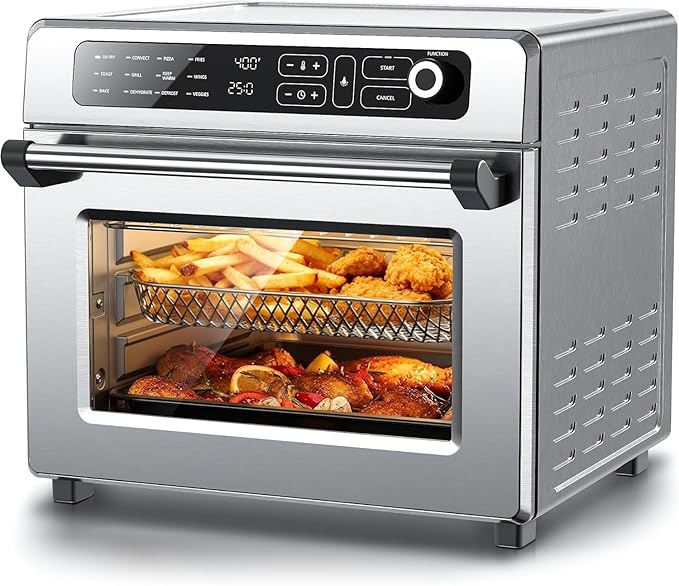 25QT Air Fryer Toaster Oven Combo 12-in-1 Large Convection Airfryer Oven with 70–450℉ Temperature Control &amp 60-Minute Timer Bake Roast &amp Broil Fits 12″ Pizza(Silver)