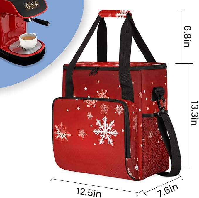 Xmas Snowflakes Coffee Maker Carrying Bag Dreamy Snowflakes Travel Storage Bag Compatible with K-Mini or K-Mini Plus Single Serve Coffee Brewer Carrying Case with Multiple Pockets &amp Shoulder Str