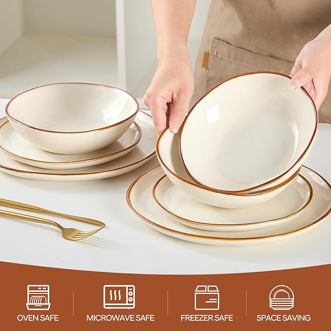 Bestone 12 Pieces Round Kitchen Dinnerware SetsPlates and Bowls SetsDishes Plates Bowls Dish Set Chip Resistant Ceramic Dinnerware Set Dishwasher/Microwave SafeService for 4Pearl White