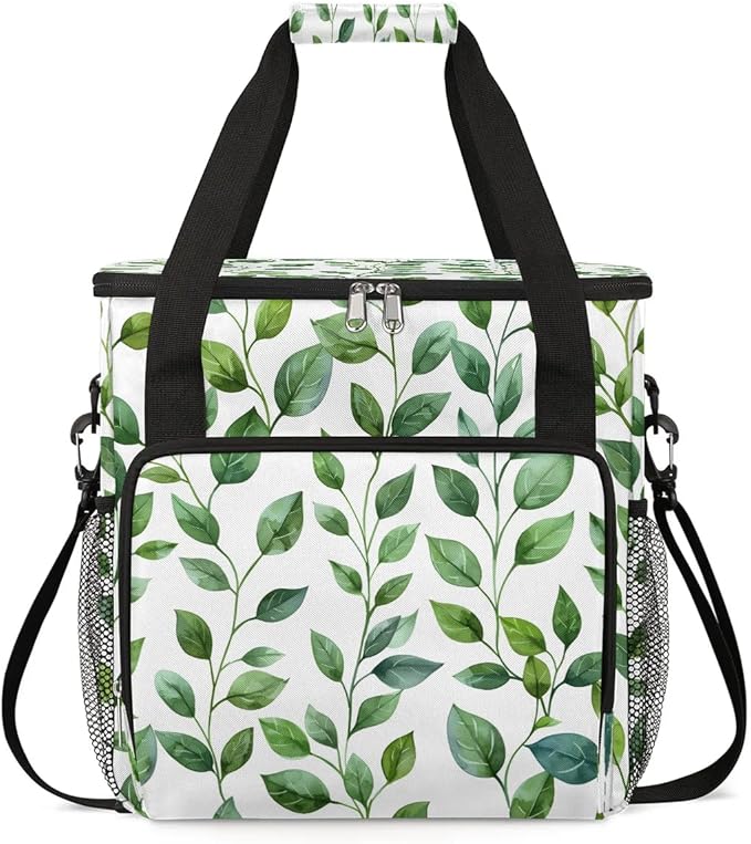 Green Leaf Theme Coffee Maker Carrying Bag Compatible with K-Mini or K-Mini Plus Portable Single Cup Coffee Maker Case with Pockets for K Cup Pods