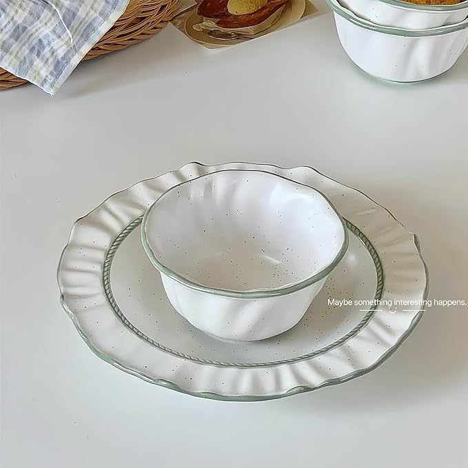 Ceramic Dinnerware Set White with Sesame Lace Design 2-Piece Set with 8.4-Inch Plate and 4.5-Inch Bowl