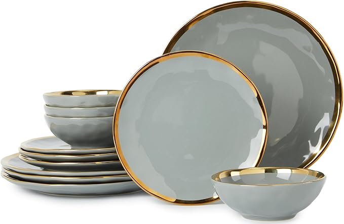 Porcelain Luxury Dinnerware Sets Modern Plates and Bowls Sets for 4 Highly Chip and Crack Resistant Grey and Gold Rim China Dishes Set for Wedding Anniversary