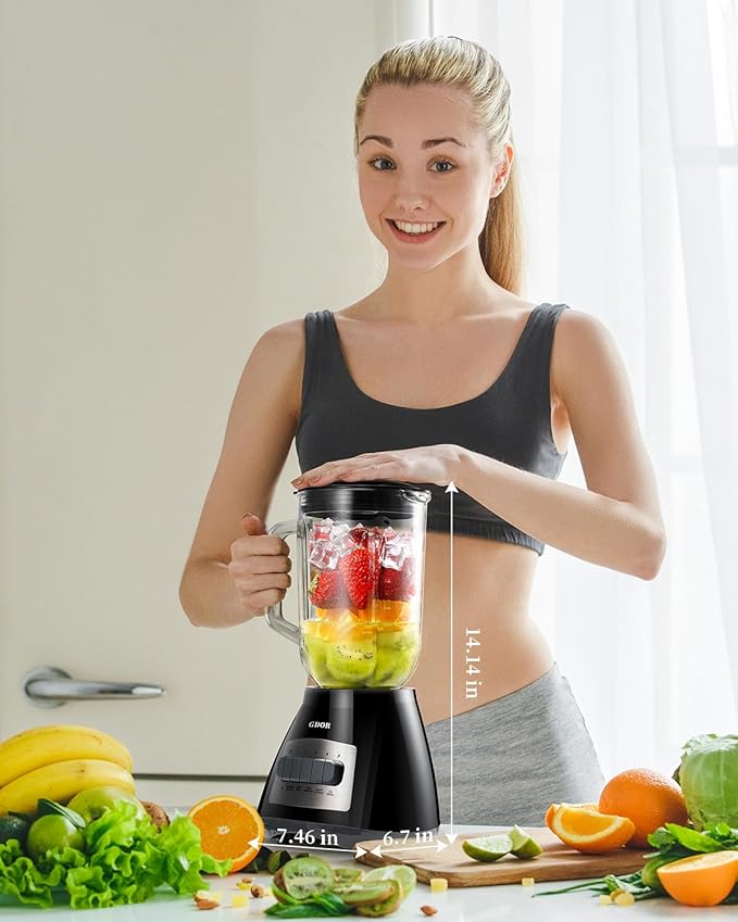 GDOR Blender 52 Oz Glass Jar Multi-Function Kitchen Blender &amp Grinder Combo 9 Functions with Shakes Puree Crush Ice and Chop Max 700W Self Cleaning