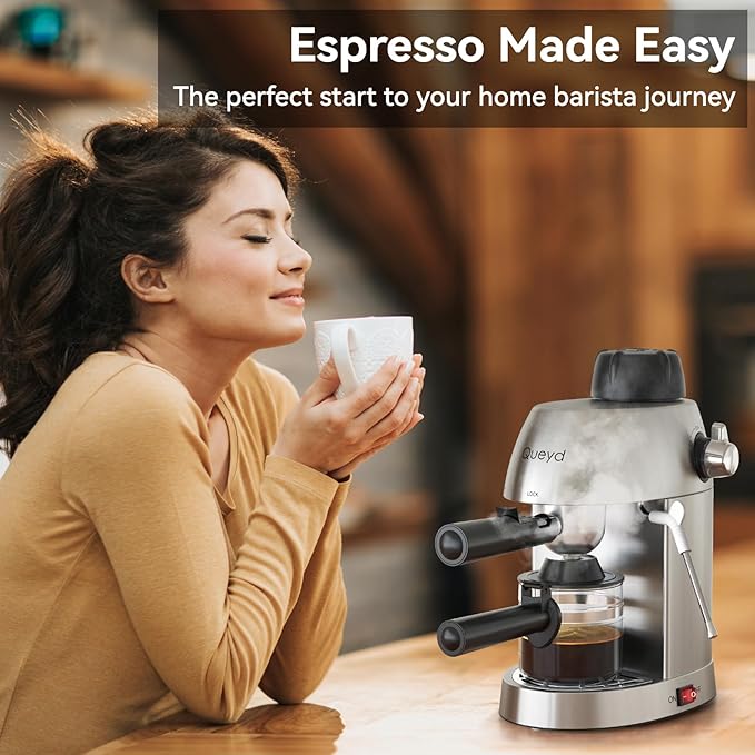 Queyd 3.5 Bar 4 Cup Espresso Cappuccino Machine Stainless Steel Espresso Machine Compact Expresso Machines for Home Latte and Cappuccino Machine with Milk Frother Dual Safety Switches 800W
