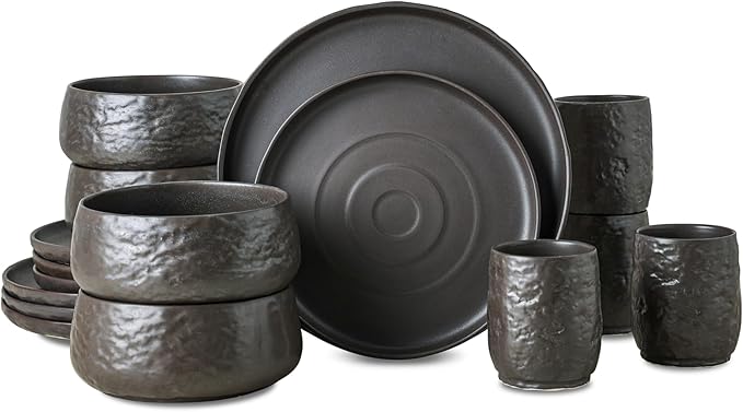 Stone by Mercer Project SHOSAI 16-Piece Stoneware Dinnerware Set Plates and Bowls Set Modern Dishware set fo 4 Black