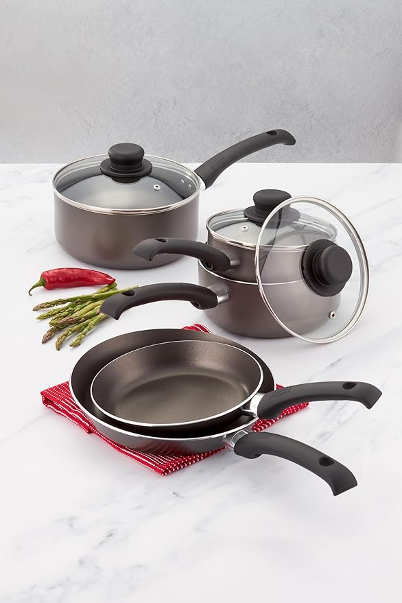 Judge Everyday 5 Piece Cookware Set Non-Stick Pot Set 5-Pieces 16cm 18cm 20cm Saucepans 20cm 24cm Frying Pans Aluminium Pots with Heat Resistant Handles Not Suitable for Induction Hobs