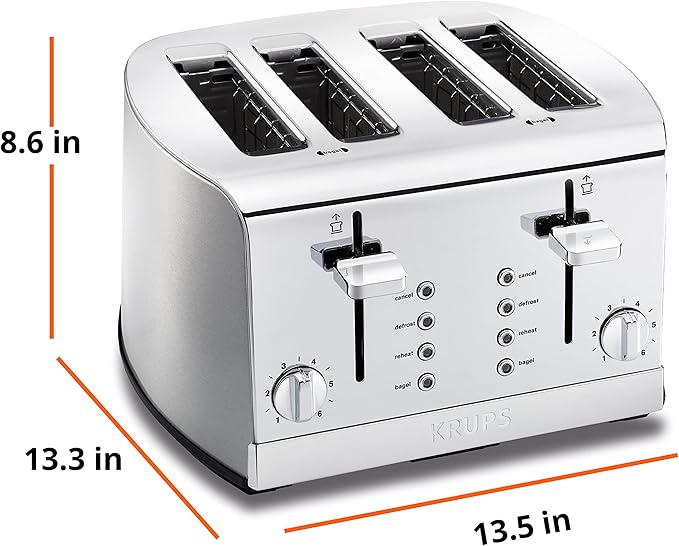 KRUPS: 4 Slice Toaster Stainless Steel 4 Functions Cancel Bagel Reheat Defrost 1500 watts 6 Shade Settings Removable Crumb Tray