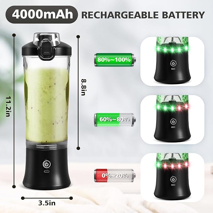 Portable Blender for Shakes and Smoothies- Personal Juicer 20 OZ Electric Protein Shaker Bottle with Insulated Sleeve USB-C RechargeableTravel Lid-Small Blender Cup for Kitchen Office GymTravel