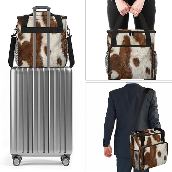 Cow Skin Brown And White Coffee Maker Carring Bag Large Insulated Storage Organizer Case Tote Bags with Shoulder Strap for Travel Work Picnic