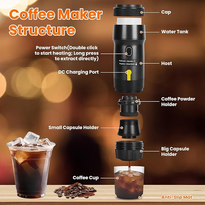Portable Electric Espresso Machine Self-Heating Cordless Coffee Maker Brewer with Anti-Dry Burn Fit for Travel &amp RV Home Office Car Camping for Ground Coffee/NS/DG Capsules