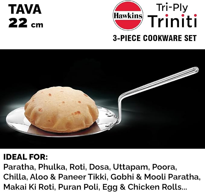 Hawkins Triniti 3 Pieces Triply Stainless Steel Cookware Set 2 - Frying Pan Tava Deep-Fry Pan with Glass Lid Silver (SSET2)