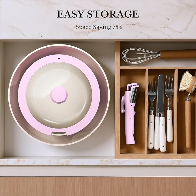 Pots and Pans Set Non Stick Ceramic Cookware Set Detachable Handle RV Camping Kitchen Cooking Set Removable Handles Dishwasher/Oven/Fridge Safe Induction Space SavingPINK