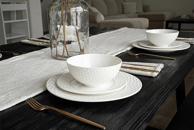 New Bone China 12 Piece Dinnerware Set Santorini Collection (Honeycomb) White Daily Use China Embossed Tableware Service for 4