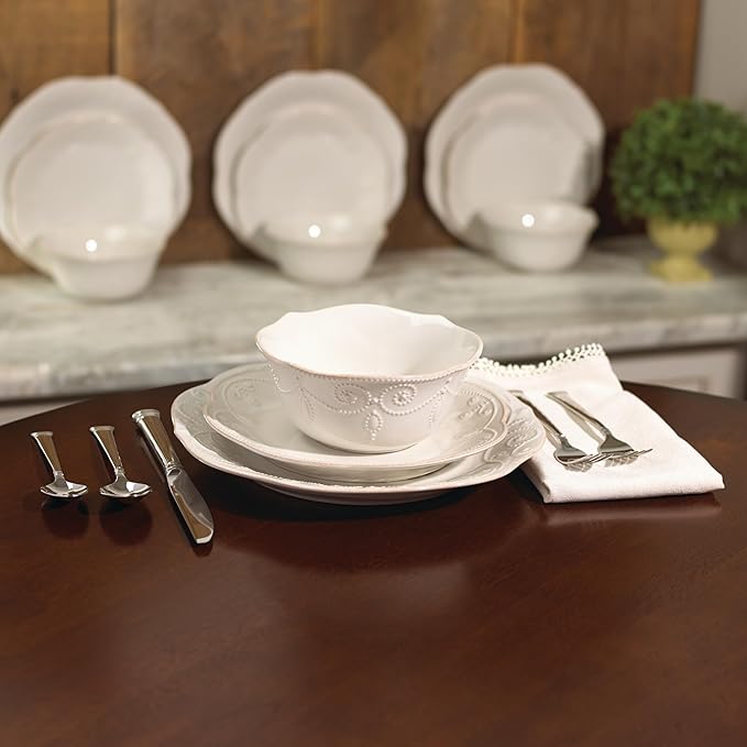 Lenox Dinnerware Set French Perle White 12-Piece Set Service For 4 Stoneware Material Dishwasher Safe Microwave Safe Plates Bowls Home &amp Kitchen Plates And Bowls Sets (White 12 Piece)