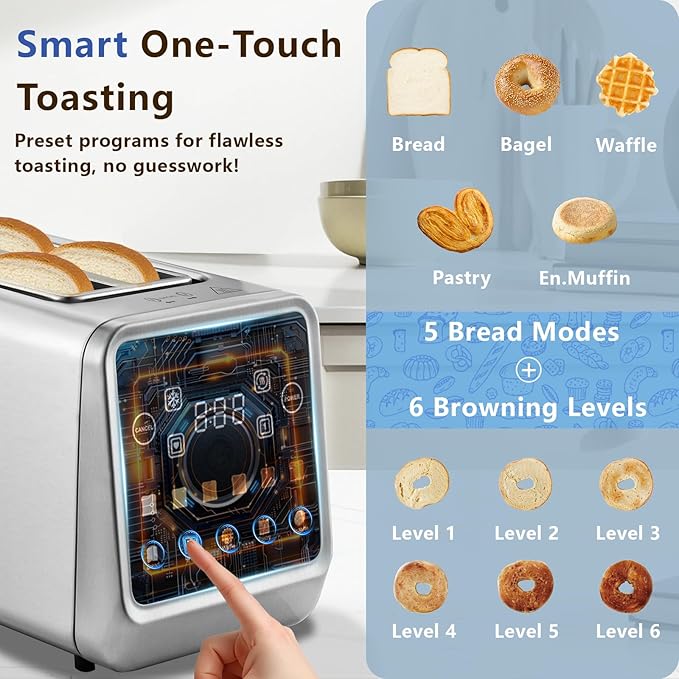 Smart Toaster 4 Slice Touch Screen Digital Toasters with 6 Browning Levels &amp 5 Bread Types Bagel Extra Long Wide Slots Memory Function Timer 1400W Stainless Steel
