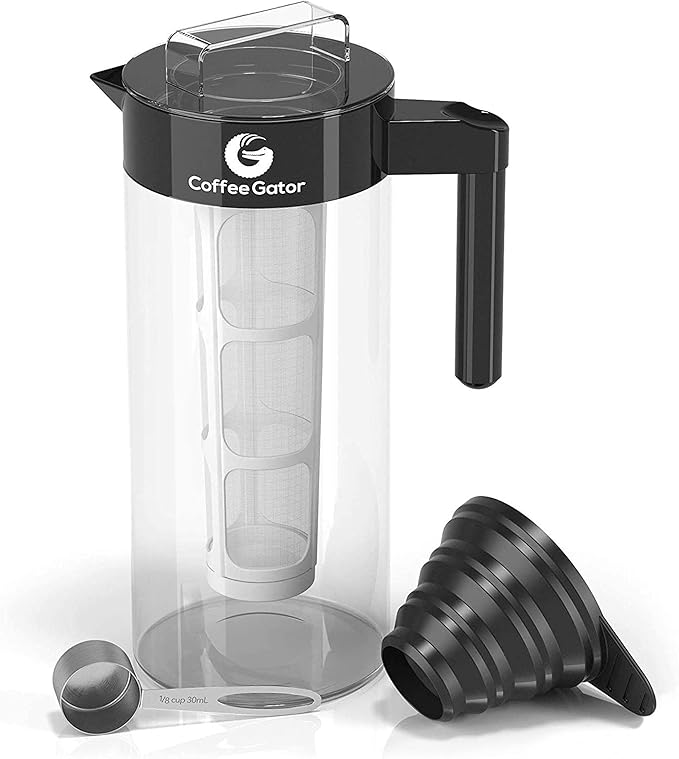 Coffee Gator Cold Brew Coffee Maker - 47 oz Iced Tea and Iced Coffee Maker and Pitcher with Borosilicate Glass Carafe Filter - Black