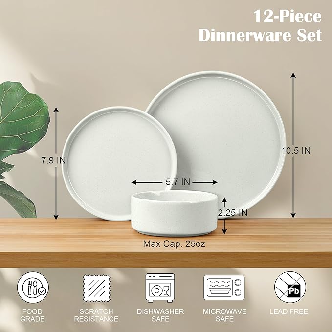 E-far Stoneware Dinnerware Sets with Pasta Bowls Set of 4 Bundle 12PCS Plates and Bowls Dish 35oz Ceramic Large Salad Bowl Plates for Serving Soup Dinner Microwave &amp Dishwasher Safe Speckled W
