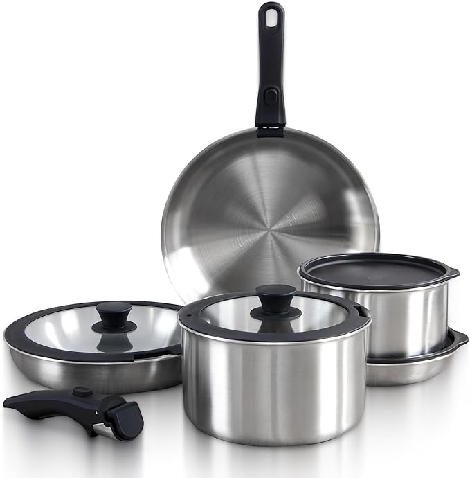 GOURMETIFIC® Stainless Steel Cookware Set [11 PIECES] - Non Toxic Kitchenware - Induction Gas &amp Oven Cooking Ware - Pot &amp Pan with Removable Handles - Stackable Pots &amp Pans - Dishwasher S