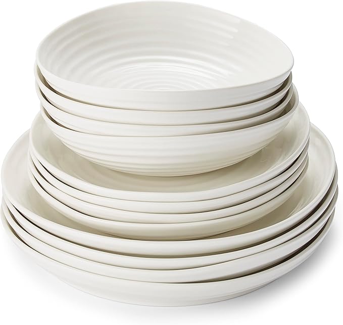Portmeirion Sophie Conran 12 Piece Coupe Dinnerware Set - Dinner Plates Side Plates &amp Bowls Porcelain Kitchen Tableware for Everyday Dining &amp Entertaining - Durable &amp Dishwasher Safe