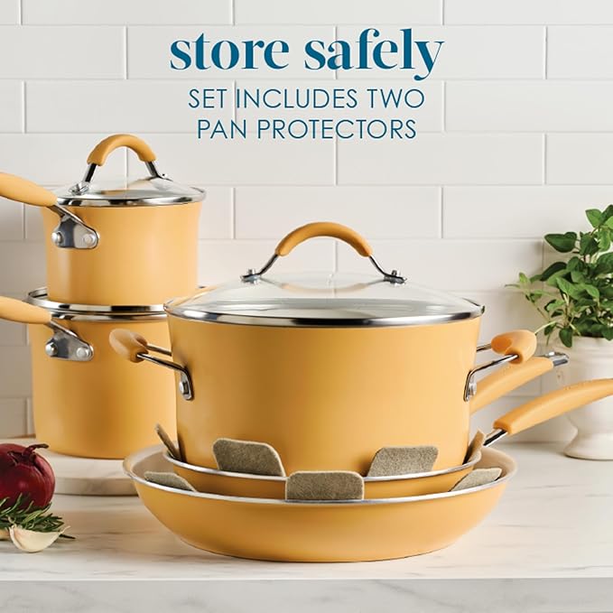 Rachael Ray Cucina Ceramic Nonstick Pots and Pans Set with Saucepans Frying Pans Stockpot Lids and Pan Protectors 10 Piece Non Stick Cookware Set Dishwasher Safe - Turmeric Yellow