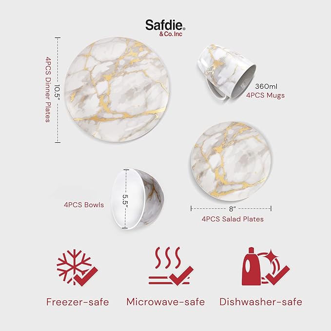Pemberly Row Contemporary 16-Piece Porcelain Dinnerware Set Gold Marble Finish Lightweight Chip-Resistant Dishwasher &amp Microwave Safe Includes Plates Bowls Mugs for Everyday or Special Occas