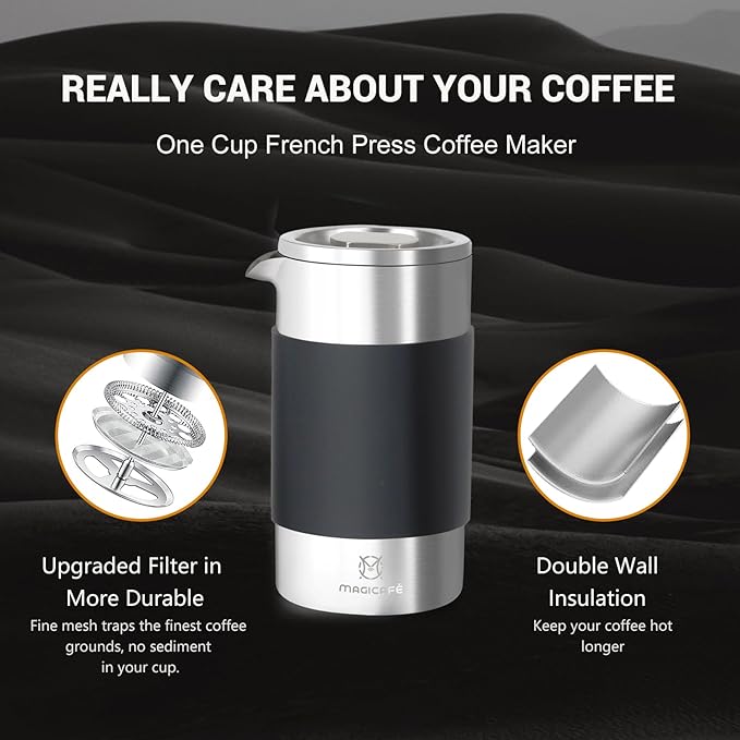 French Press Coffee Maker Set Portable French Press with Mini Coffee Canister and Collection Bag Single Serve 1 Cup Small Stainless Steel Double Walled Coffee Press 350ml/12oz