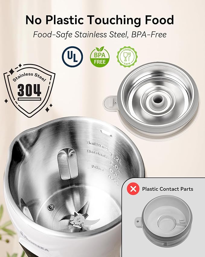 IAGREEA 8 in 1 Nut Milk Maker Machine Stainless Steel Lid BPA Free for Homemade Almond/Oat/Soymilk 35 oz(1L) Almond Milk Maker with 8 Mins Self-Cleaning 2 hrs Keep Warm 750W Stirring Power White