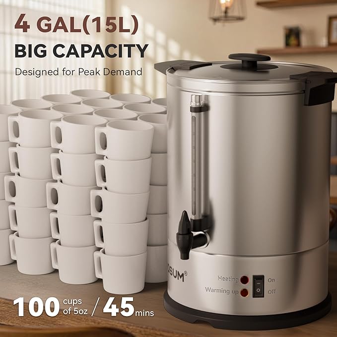 100-Cup Commercial Coffee Maker Hot Water Urn 4 Gallon Large Capacity Hot Drink Dispenser 1500W Quick Brew for Catering Events Stainless Steel