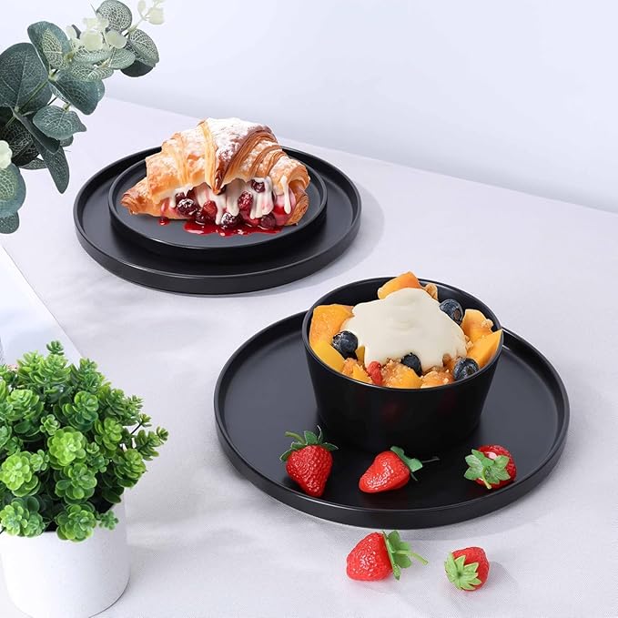 18‑Piece Stoneware Dinnerware Set in Matte White Modern Plates and Bowls for Everyday Meals and Special Occasions Dishwasher &amp Microwave Safe (Black)
