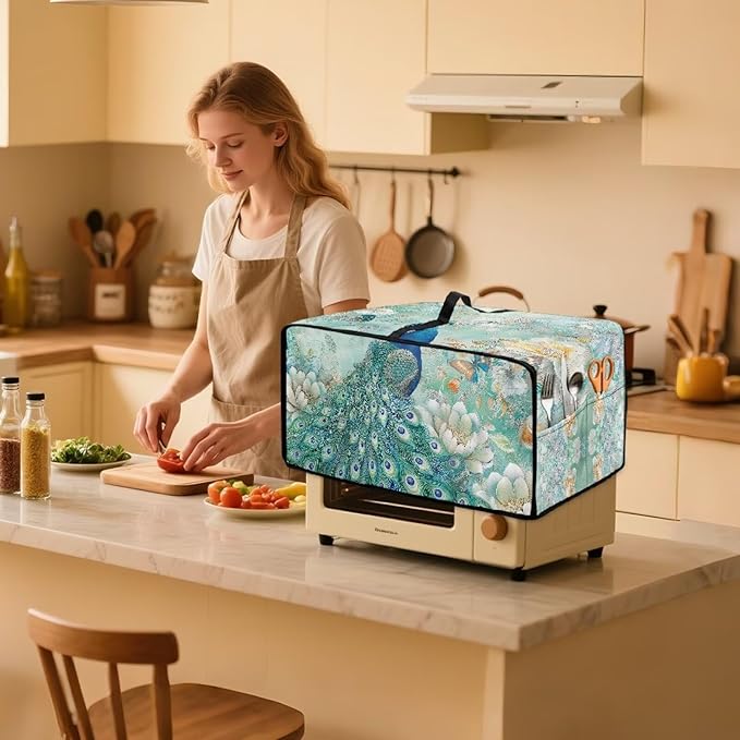 Doojoayie Peacock Toaster Oven Cover 4 Slice Bread Machine Dust Protector Universal Fit Dust-proof &amp Stain Resistant Covers for Kitchen Appliance Protection Floral Print