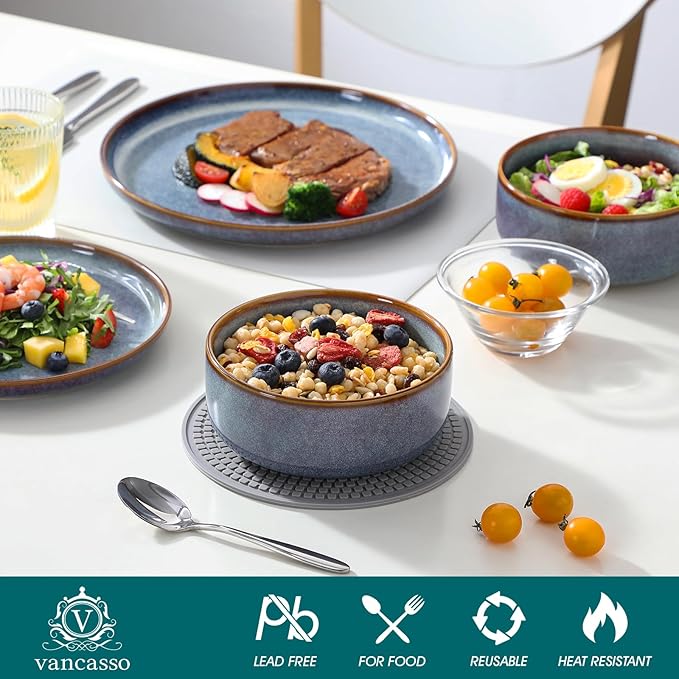 vancasso PLAYA Plates and Bowls Sets 18 Pieces Grey-Blue Dinnerware Sets for Kitchen Reactive Glaze Dishes Set for 6 Dishwasher and Microwave Safe
