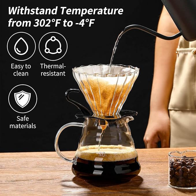 Unbreakable - Pour Over Coffee Maker 720ML/24OZ Heat Resistant Borosilicate Glass Dripper with Filter Holder BPA-Free Manual Coffee Brewer for Home and Office Use