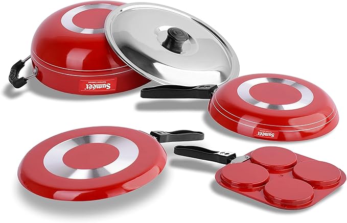 Sumeet 2.6mm Thick Non-Stick Rodze Cookware set (Dosa Tawa – 26.5cm Dia + Mini Multi Snack Maker – 19.5cm Dia + Kadhai With Lid – 1.5Ltr capacity- 20cm Dia + Tapper pan – 20cm Dia)