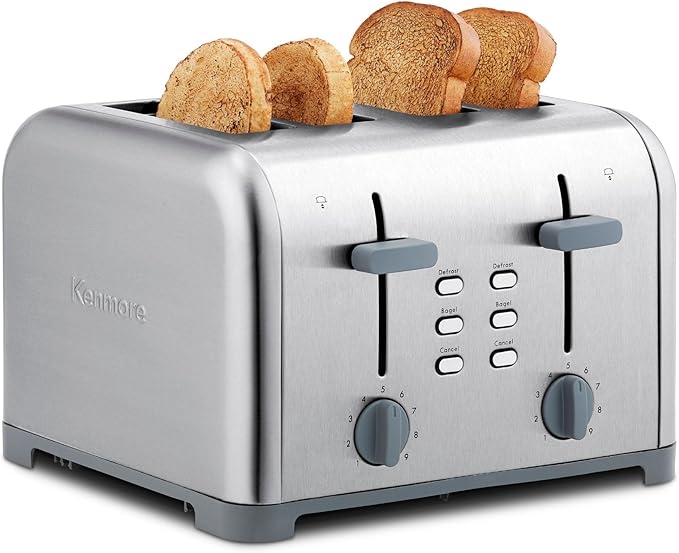 Kenmore Toaster 4 Slice - Extra Wide Slot Countertop Kitchen Appliance Defrost Function Grille-Pain 9 Shade Settings Compact Design Easy Clean Crumb Tray Bread Bagel Stainless Steel